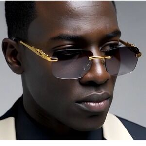 Men Sunglasses Gold Accents Rectangle Frameless Hip Hop Street Trendy Wear Gafas
